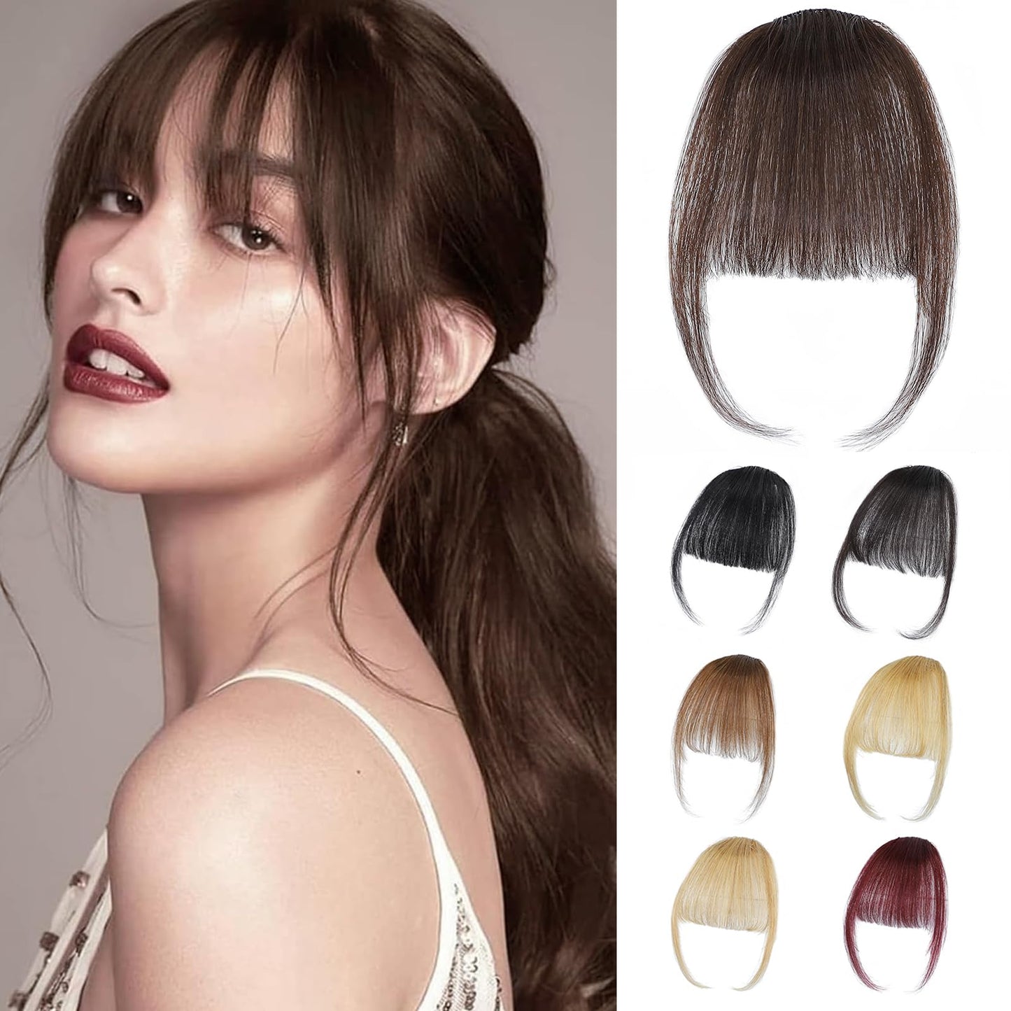 BUPPLER Clip in Bangs 100% Real Human Hair Pieces Wispy Dark Brown Fake Bangs Hair Clip on bangs for women Faux Bangs Clip in Hair Extensions with Hair Roller for Daily Wear