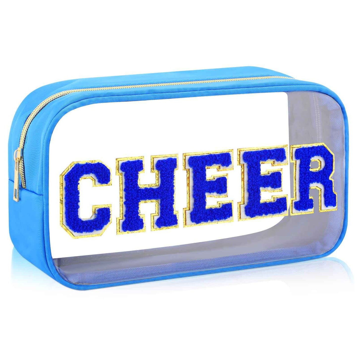 Abbylike Cheer Clear Makeup Letter Bag Cosmetic Zipper Cheers Pouch Chenille Patch Cheerleader Gifts Preppy Cheer Nylon Handmade Toiletry Bags for Women Girls Gifts (1, Blue)