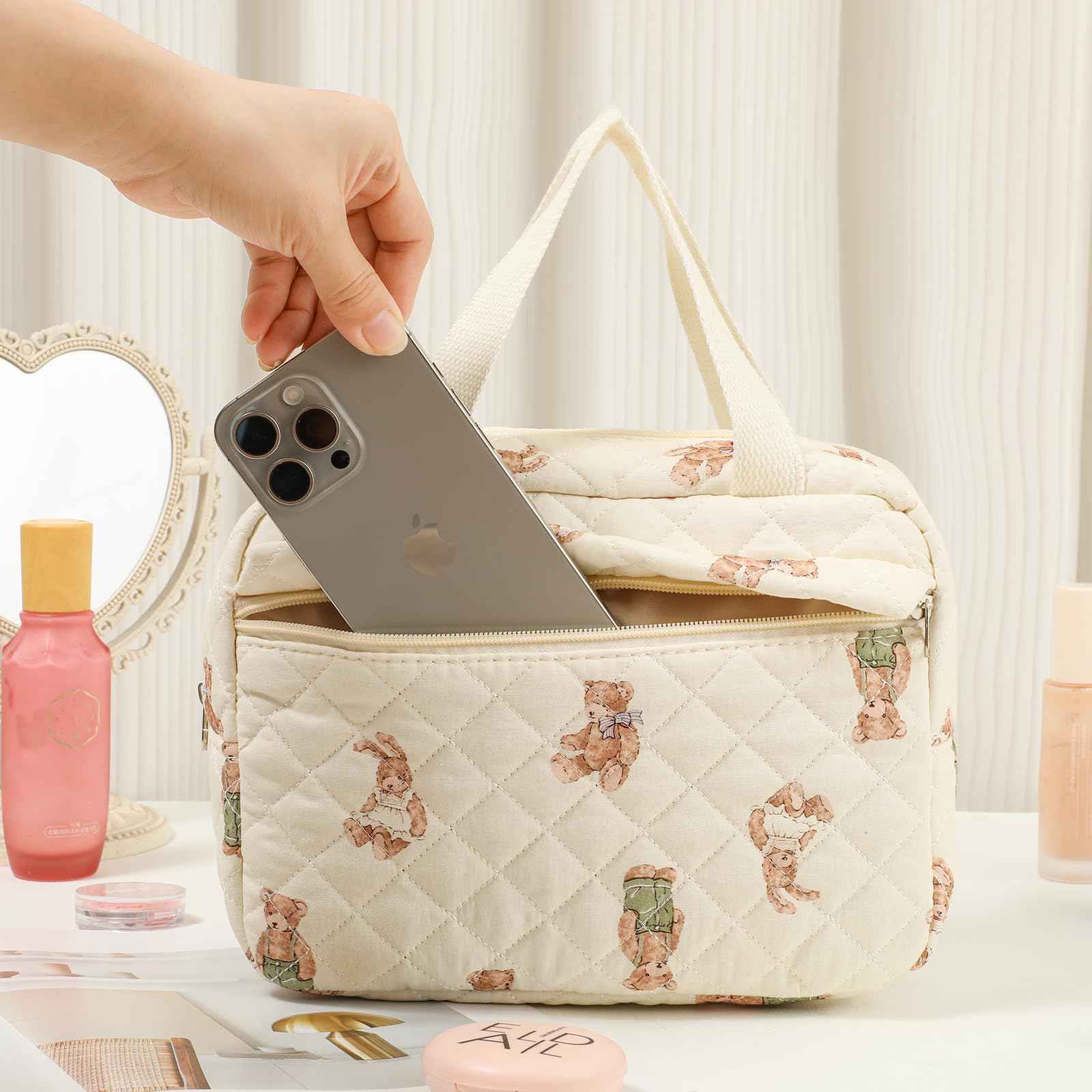 Large Size Quilted Coquette Makeup Bag, Cute Preppy Floral Cotton Travel Cosmetic Organizer Bag with Top Handle, Multi-Layer Travel Toiletry Pouch for Girls (04Bear)