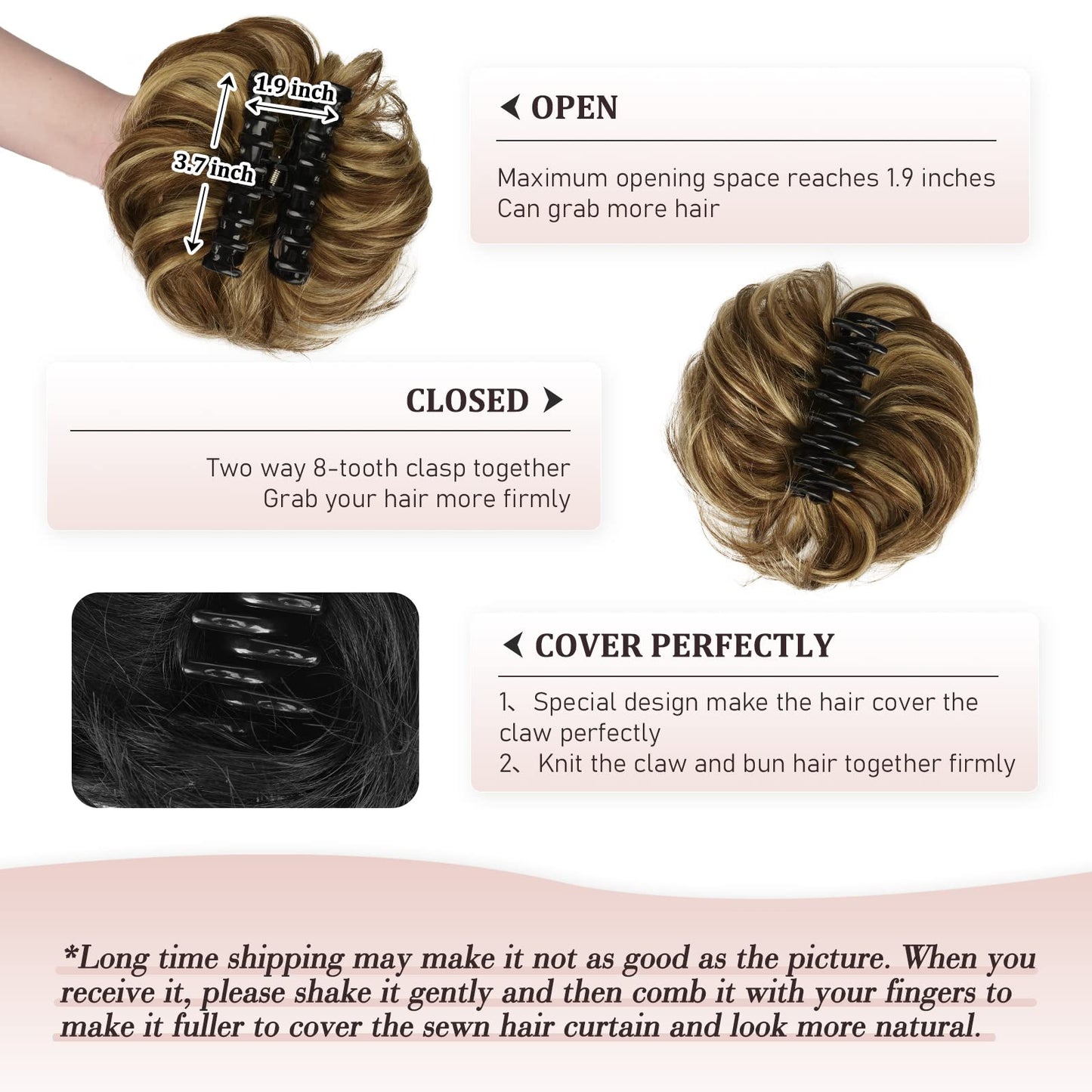 Claw Clip Messy Bun Hair Piece Real Human Hair Buns Wavy Curly Chignon Hair Bun Extensions Tousled Updo Hair Buns Claw Clip Ponytail Hairpieces with Clip for Women（Brown with Blonde Highlights 3）