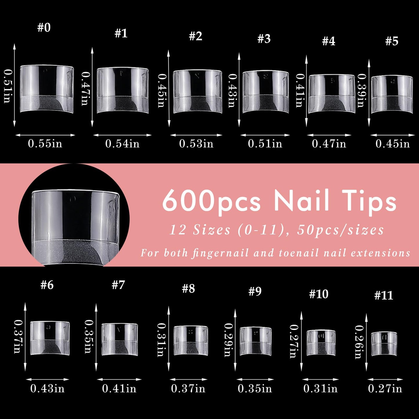 AddFavor Toe Nail Tips, 600pcs Gel x Toe Nail Tips Clear Fake Toenails Tips Square Half Cover Acrylic Nail Tips for Toe Nail Extension