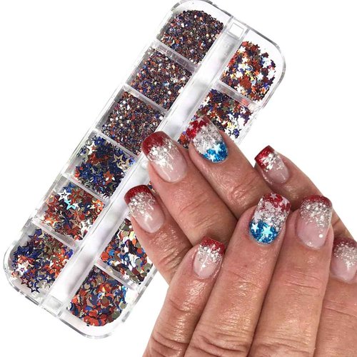4th of July Nail Art Glitter Powder 3D Holographic Independence Day Nail Art Flakes Sequins Hollow Out Star Hexagon Design American Flag Nail Powder 4th of July Glitter Makeup DIY Manicure Decoration