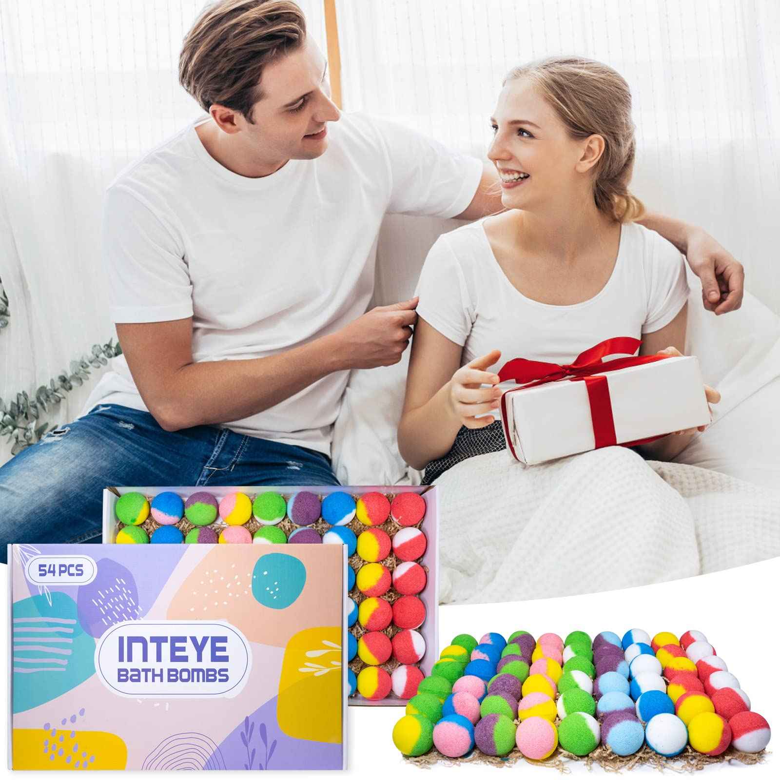 INTEYE Luxury Bath Bombs Gift Set - 54pc Skin-Nourishing Mineral Bath Salts with Natural Essential Oils & 9 Aromas | Spa-Qualit Self-Care for Women, Men, Kids (Eco-Friendly Packaging)