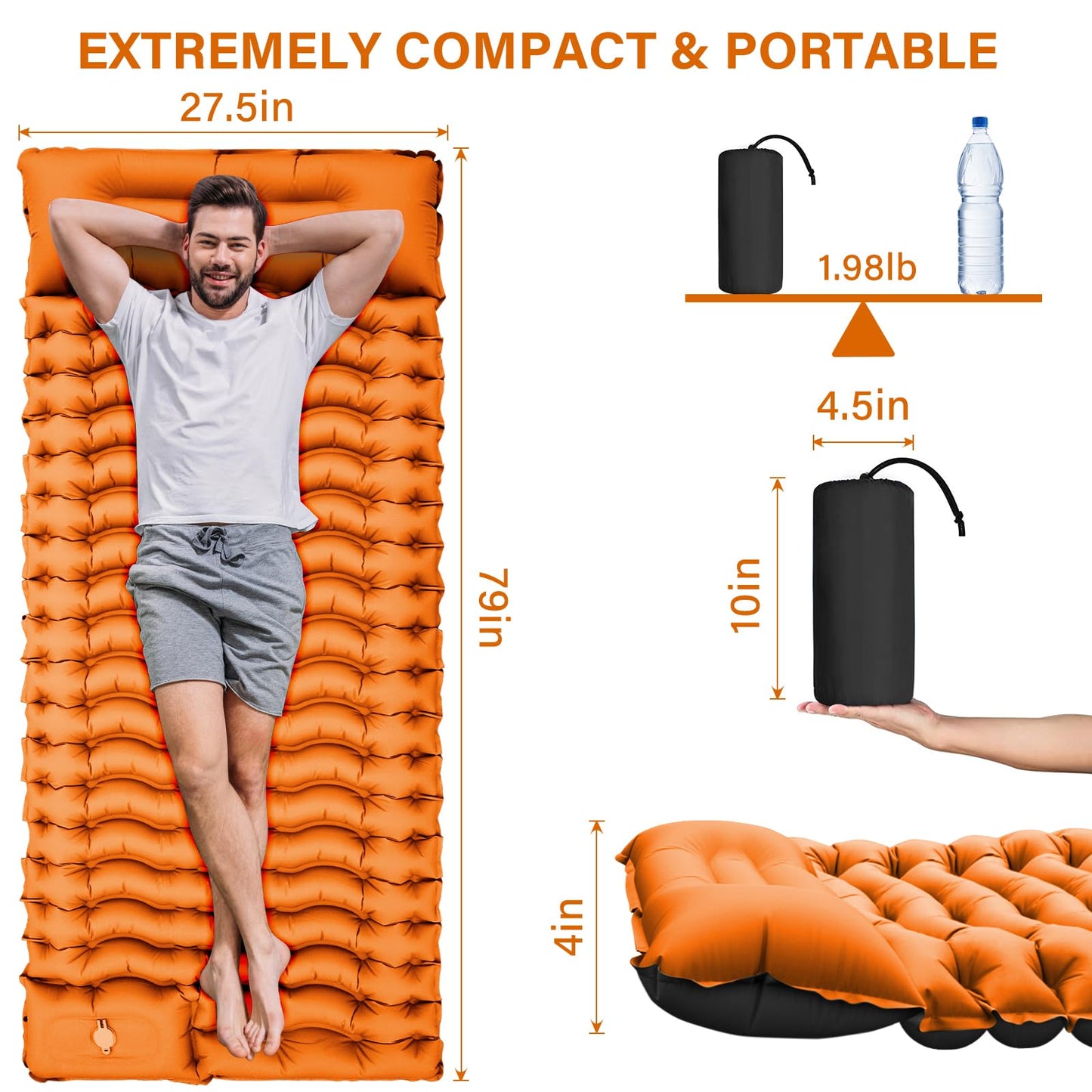 Camping Sleeping Pad, Ultralight Camping Mat with Pillow Built-in Foot Pump Inflatable Sleeping Pads Compact for Camping Backpacking Hiking Traveling - Orange