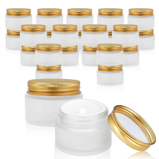 RAMFIYN 24 pack 10ml Frosted Glass Jars with Gold Lids Small Empty Travel Lotion Containers with Inner Liner Airtight Cosmetic Holder with Labels for Lip Balm Creams Body Butter
