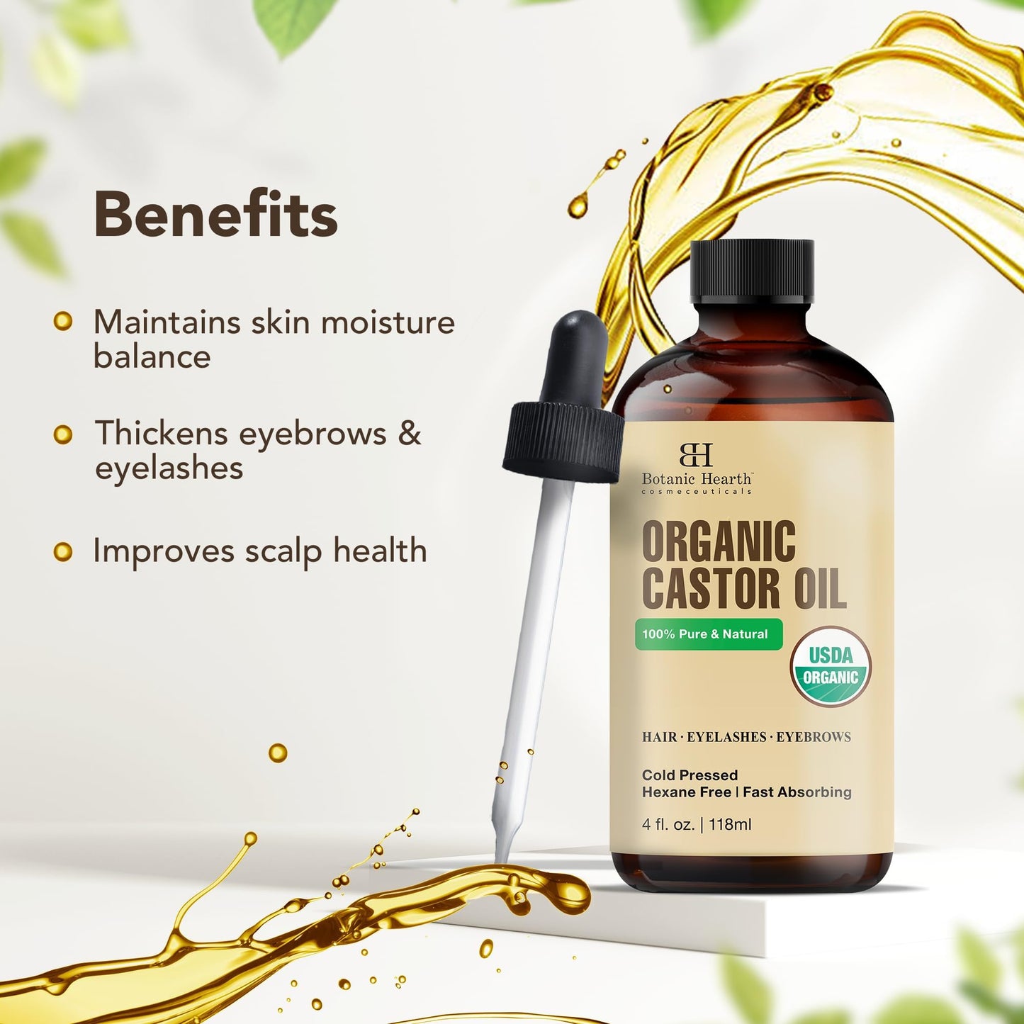 Botanic Hearth Castor Oil | USDA Certified Organic |100% Pure & Hexane Free | Cold Pressed | Growth for Eyelashes, Eyebrows, Hair | With Eyebrow & Eyelash Brush | 4fl oz