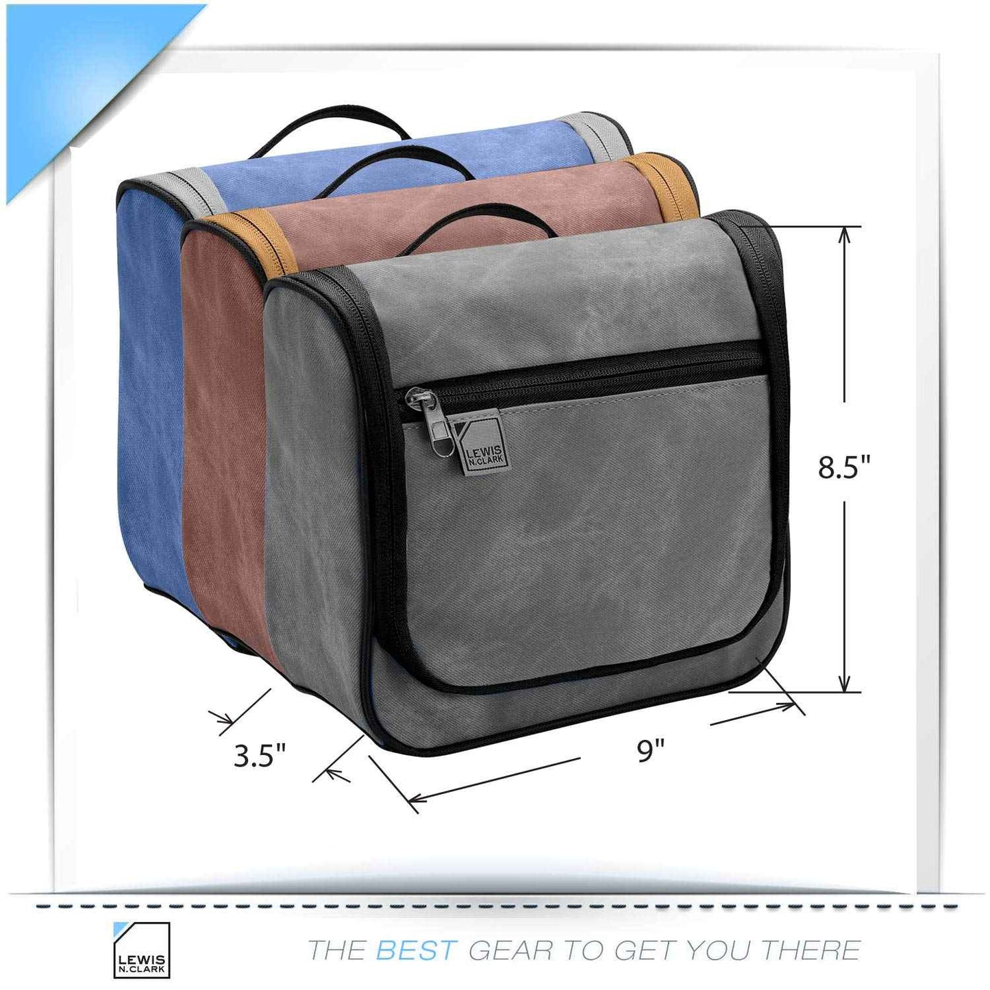 Lewis N. Clark Brushed Twill Hanging Toiletry Kit Bag for Travel Accessories, Shampoo, Cosmetics + Personal Items, Gray