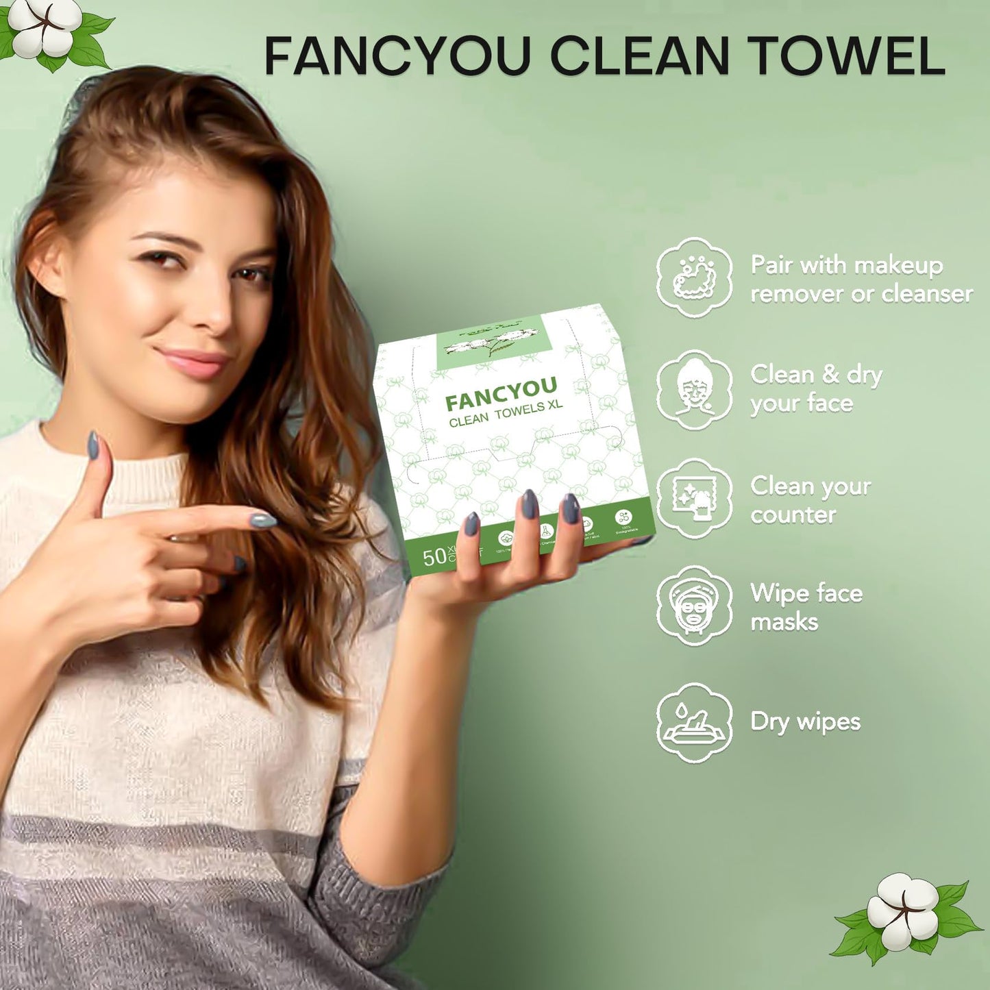 Fancyou Disposable Face Towel, Super Soft Clean Towels XL, Thicken Daily Facial Tissues, Large Makeup Remover Dry Wipes for Sensitive Skin, Facial Clean Cloths 10"×12"(100 Count & 2 Pack)