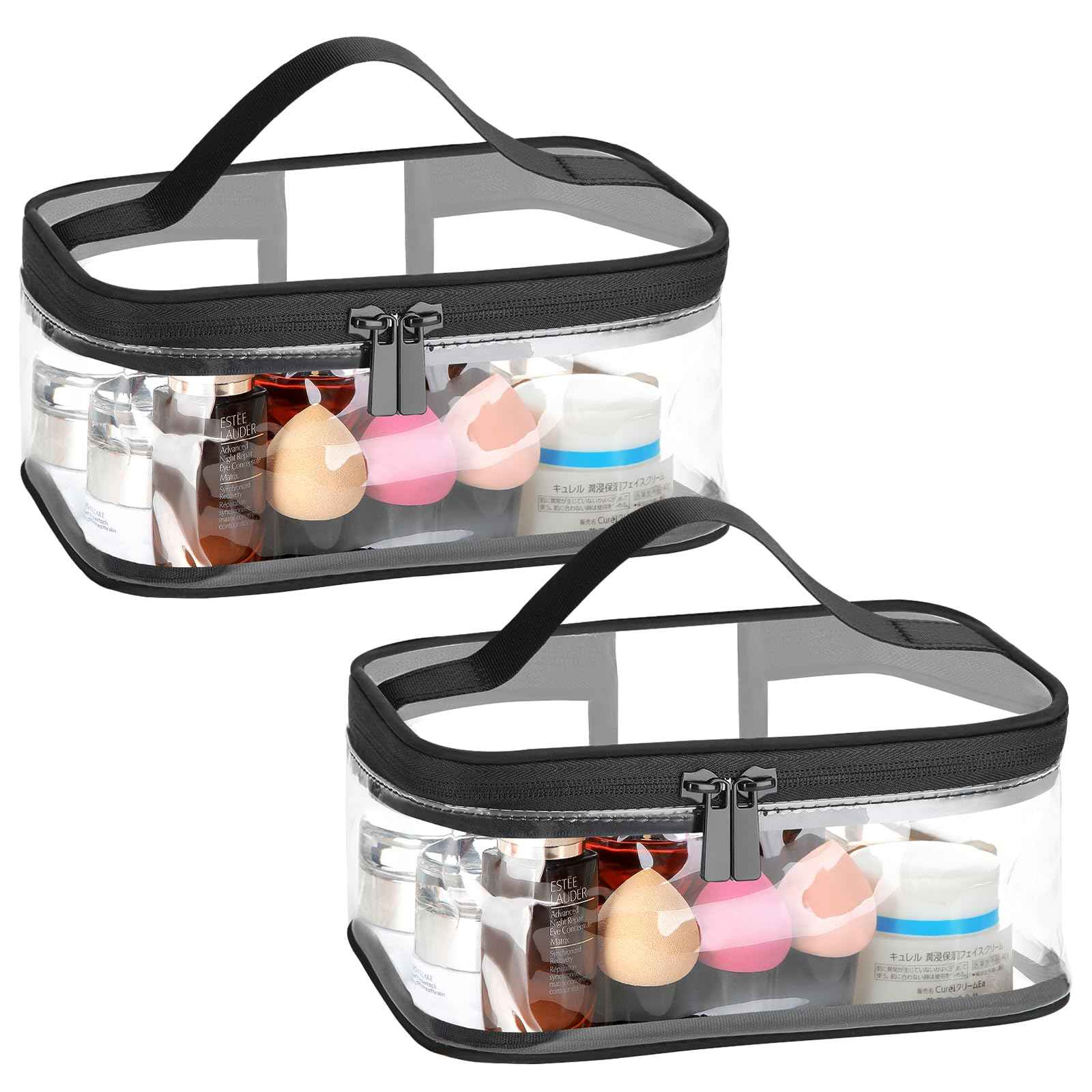 HAOGUAGUA 2 Pieces Clear Makeup Bags Cosmetic Toiletry Bags for Traveling, Waterproof Travel Transparent TSA APPROVED Carry On Airport Airline Compliant Bag (2 PIECES BLACK)