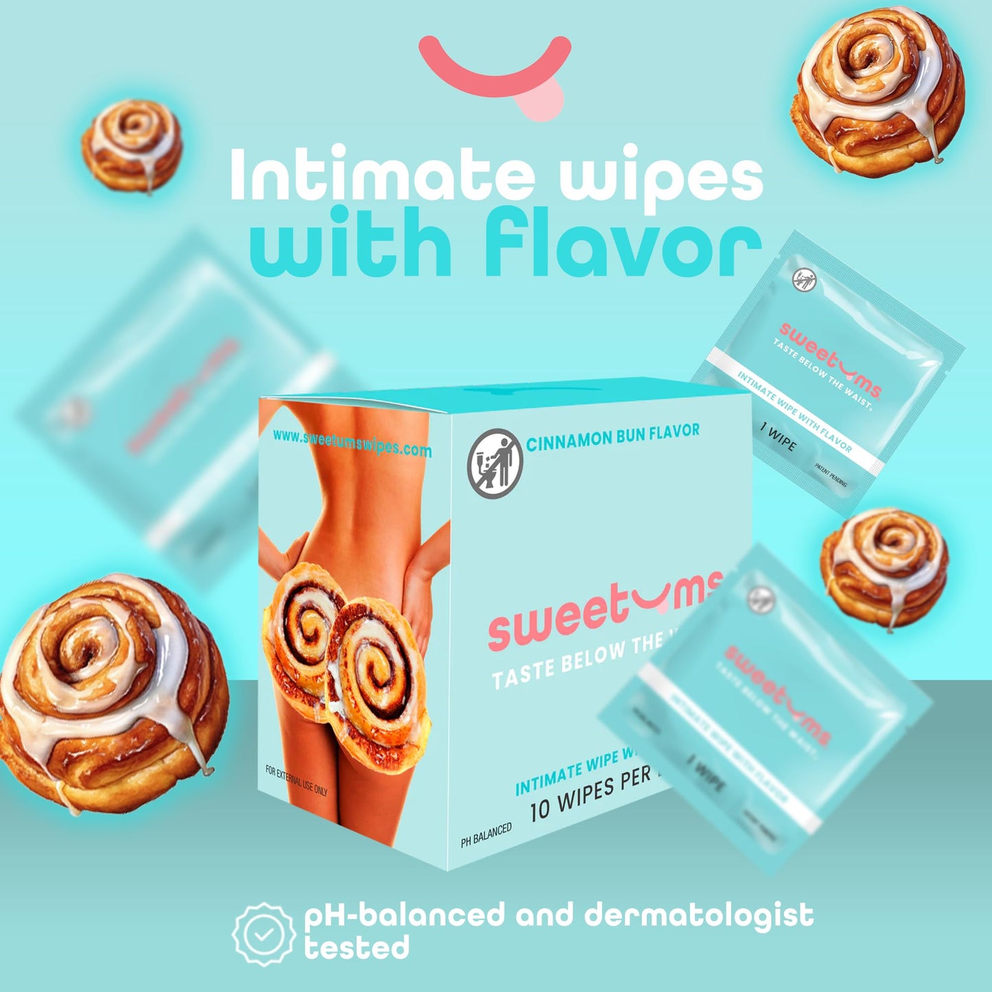 Sweetums Feminine Wipes For Women, Individually Wrapped - pH Balanced Biodegradable Flavored Intimate Wipes - Cinnamon Bun, Pack of 10