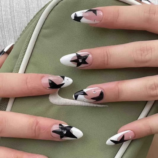 24 Pcs French Tip Press on Nails Medium Almond Fake Nails Black Stars Designs False Nails with Rhinestones Glossy Full Cover Nude Acrylic Nails Reusable Artificial Nails for Women and Girls