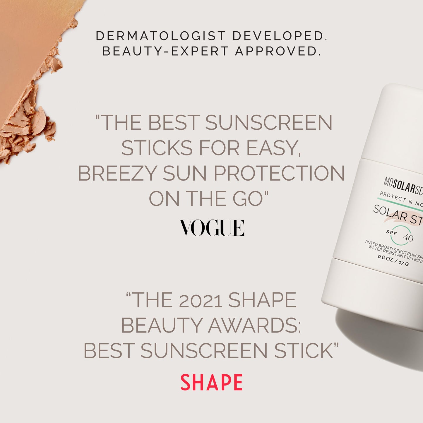 MDSolarSciences Tinted Solar Stick Mineral Sunscreen Stick SPF 40 | Water-Resistant, Broad Spectrum UV Protection | Hydrating Zinc Formula | Reef-Safe, Vegan | Non-Greasy, Sheer Tinted Finish (0.6 Oz)