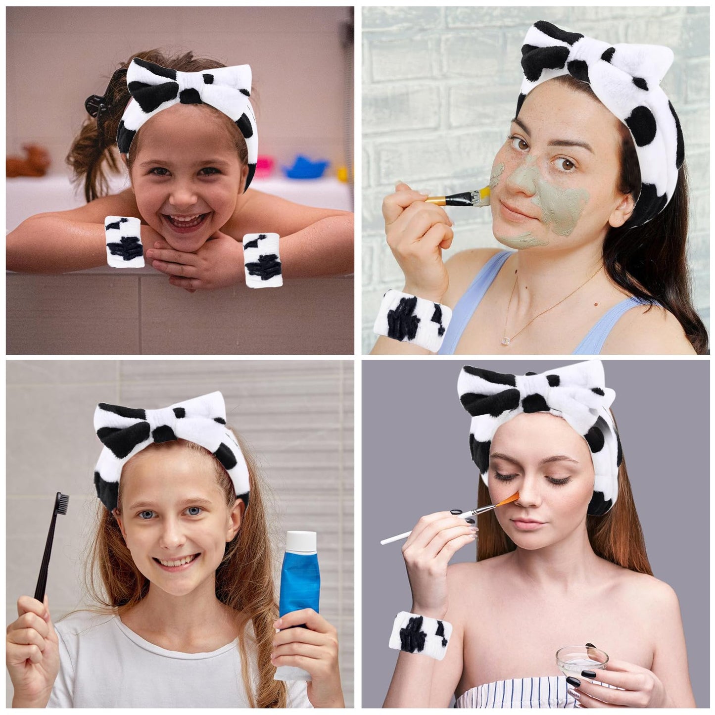 LGURT Fluffy Bow Tie Microfiber Headband Set with Absorbent Wristbands for Face Washing and Women's Skin Care (Cow Stripe)