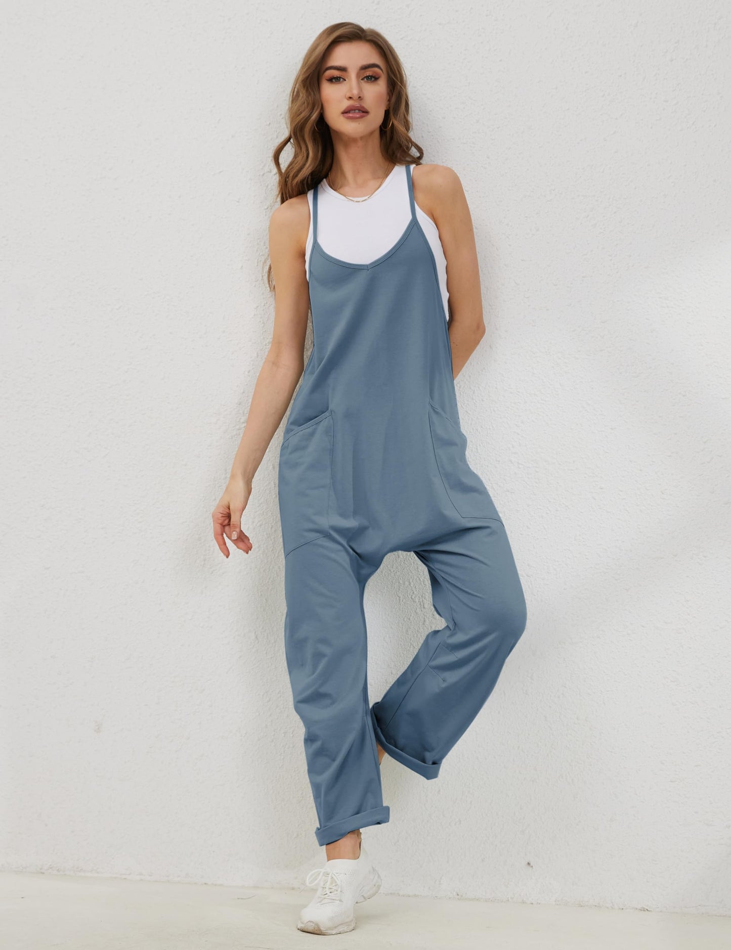 Lentta Women's Causal Jumpsuits V Neck Sleeveless Harem Overalls Stretchy Adjustable Strap Romper with Pockets(BlueGrey-S)