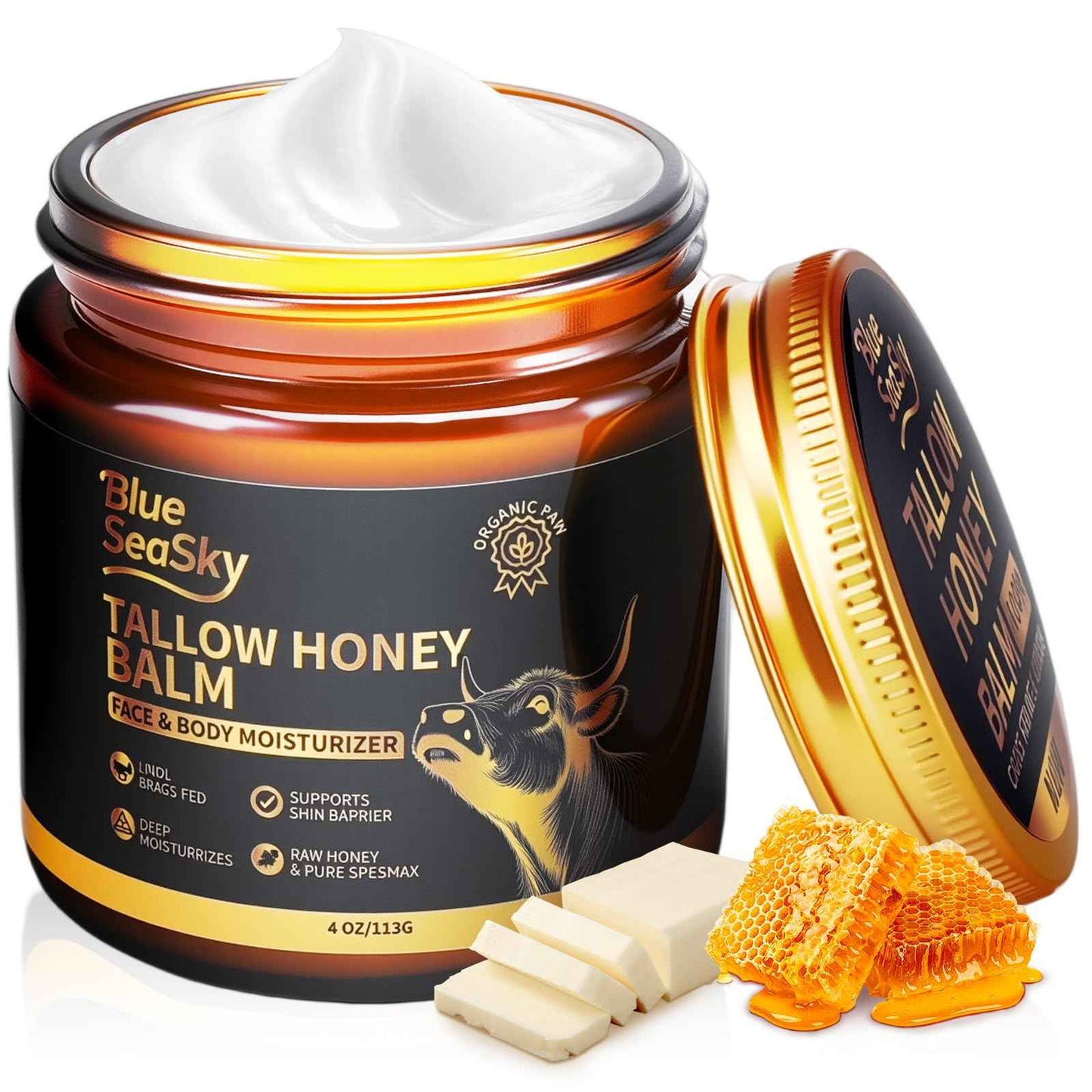 Upgraded Beef Tallow for Skin Handmade Whipped Organic Grass-Fed Tallow Balm with Raw Wild Honey for Eczema & Rosacea,Non-Comedogenic Face,Body Moisturizer for Dry, Sensitive Skin - 4oz Unscented