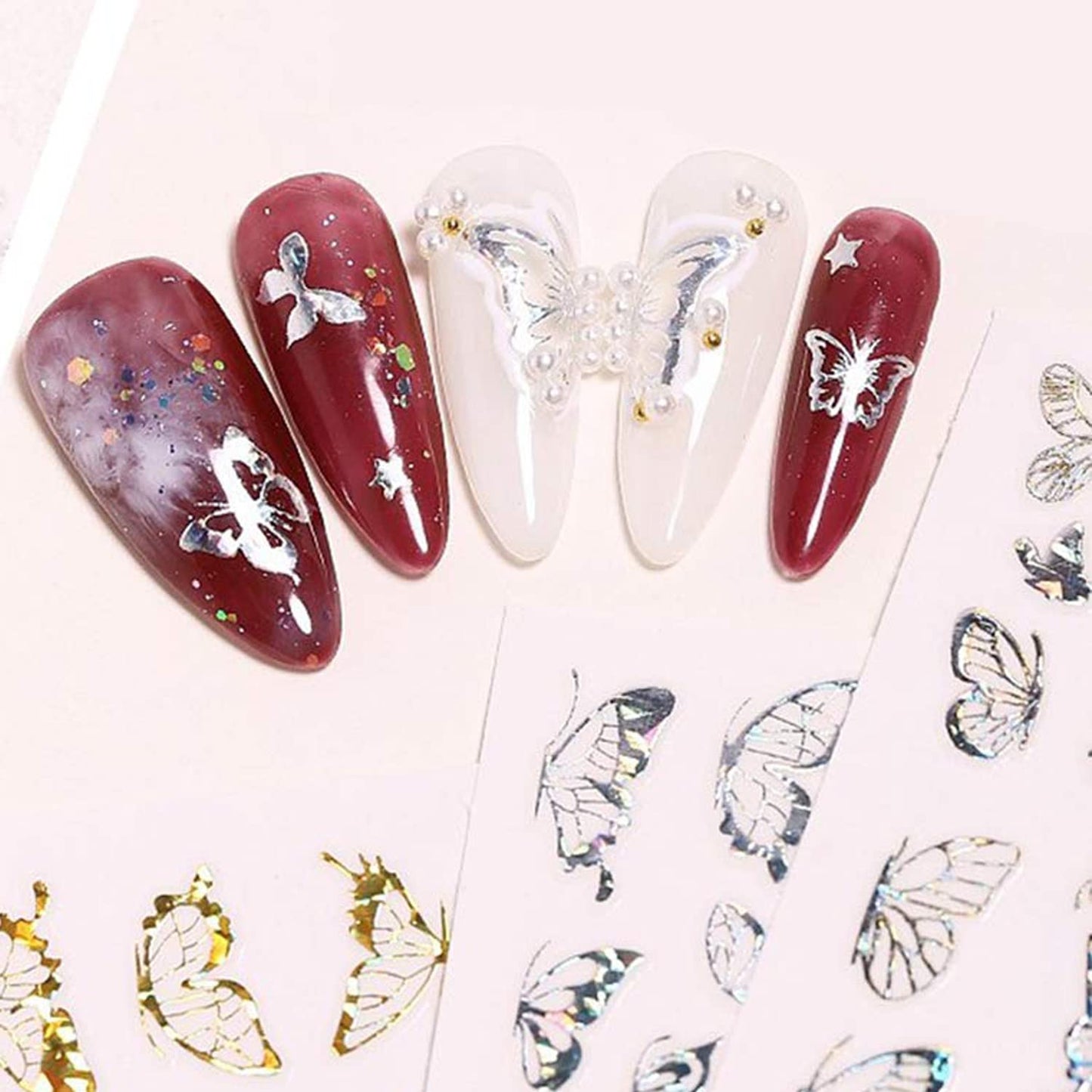 7 Sheets Silver Nail Art Stickers, Butterfly Heart Letters Numbers Stars Eyes Nail Self-Adhesive Sticker Design, 3D Geometry Nail Transfer Decals for Women Girls Manicure Charms Decorations