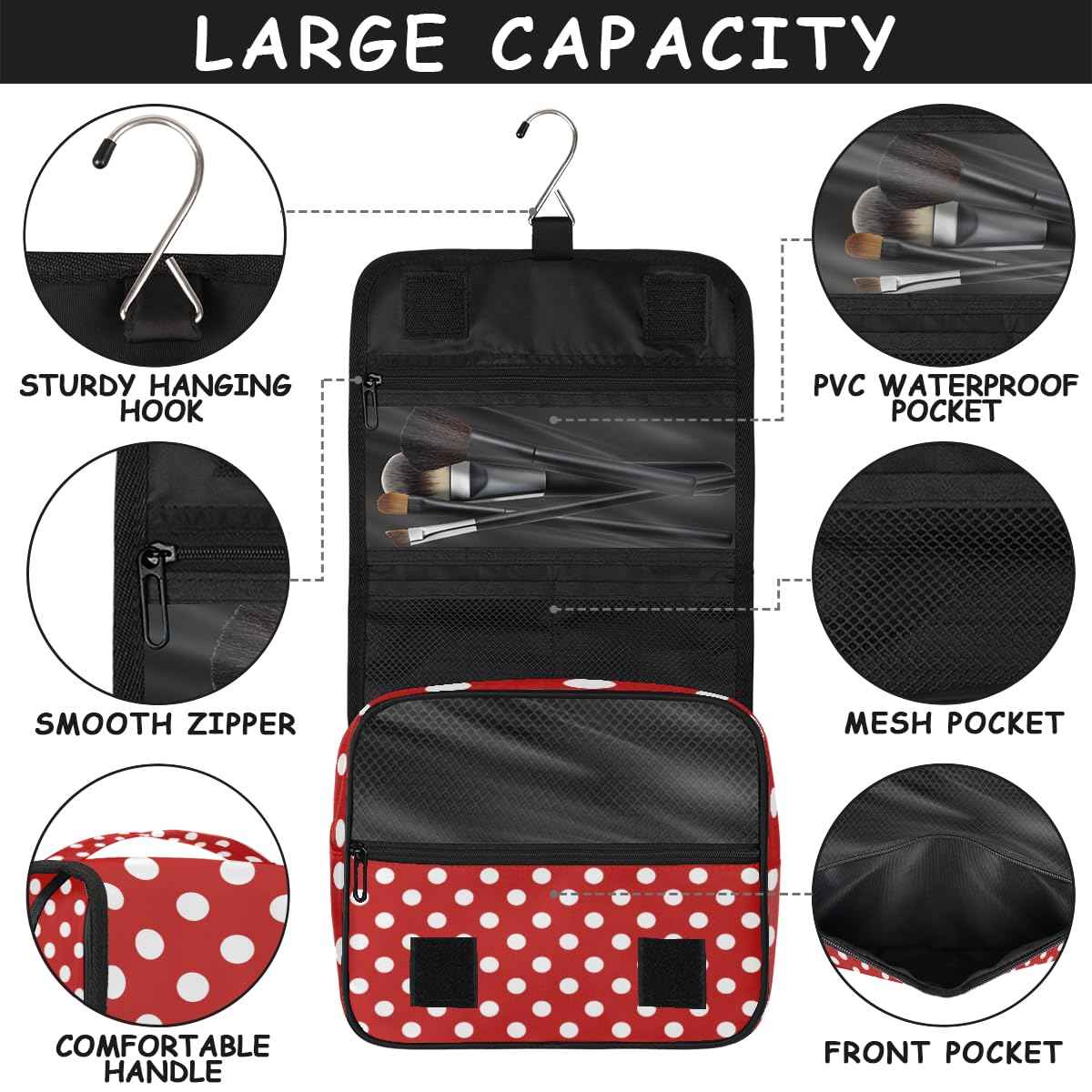 Bardic Hanging Travel Toiletry Bag for Women, Polka Dot Print Travel Makeup Bag Red White Polka Dot Portable Cosmetic Bag Travel Organizer for Toiletries Accessories