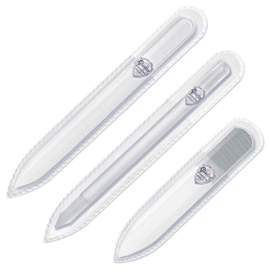 GLADZY Czech Glass Nail File Set with Glass Nail Shiner & Cuticle Pusher– 3 pcs Manicure Kit with Case, Multi-Functional Nano Buffer, Manicure Stick, Etched Crystal File for Natural Nails, Made in EU