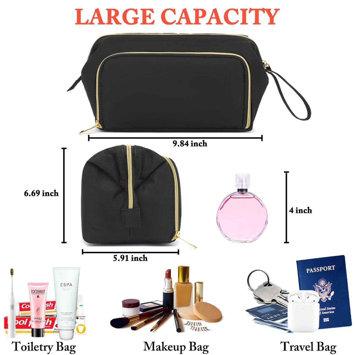 Fammart Travel Makeup Bag, Wide-open Cosmetic Bag Make Up Organizer Case with Brushes Pocket for Women, Large Family Toiletry Bag Skincare Pouch for Toiletries Accessories