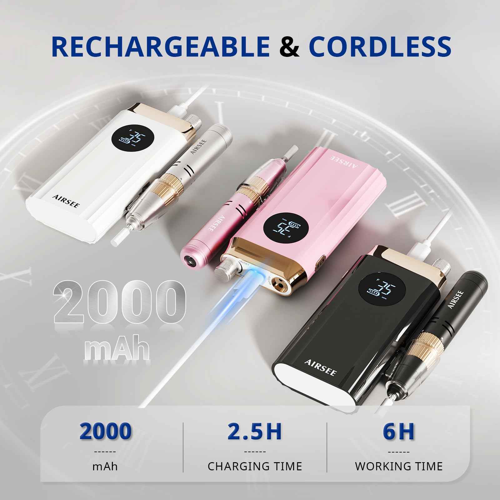 AIRSEE Professional Portable Nail Drill 35000RPM,Rechargeable Cordless Nail Drill for Manicure Salon Home, Eletric Nali E File for Acrylic Nails Gel Polishing Removing, EW4 White