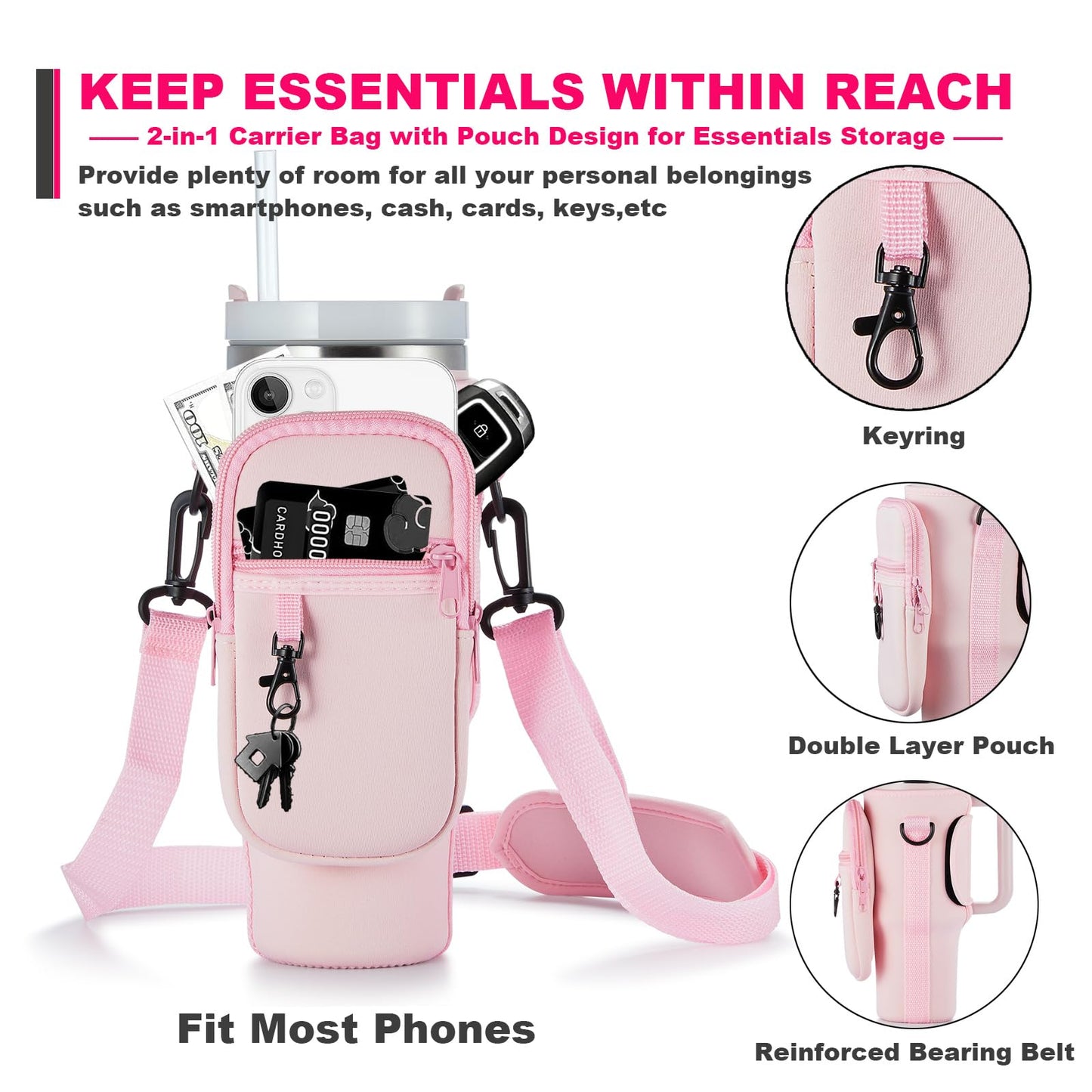 BULKITEM 30oz Water Bottle Carrier Bag with Phone Pocket for Pink Stanley 30 oz Tumbler with Handle, Neoprene Water Cup Holder Pouch with Strap for Valentines Stanley Cup Accessories