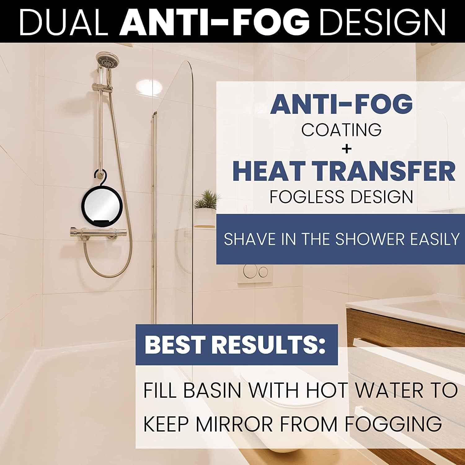 MIRRORVANA Dual Anti Fog Shower Mirror for Shaving with Hook for Hanging and Fogless Shatterproof Surface - Fill Back Chamber/Reservoir with Hot Water for Fog Free Shave (8" Diameter, Black)