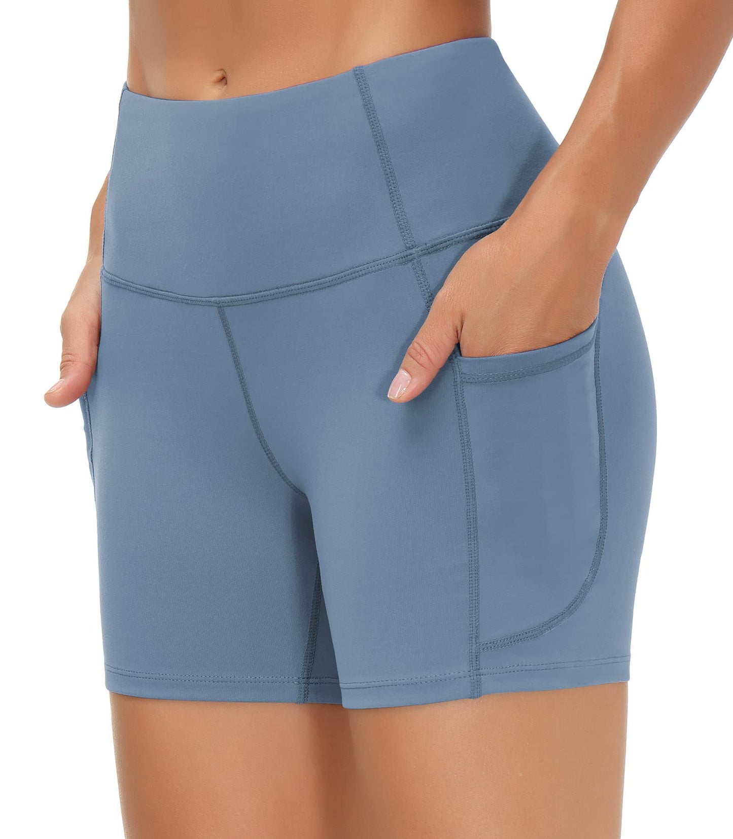 THE GYM PEOPLE High Waist Yoga Shorts for Women's Tummy Control Fitness Athletic Workout Running Shorts with Deep Pockets (Small, Grey Blue)