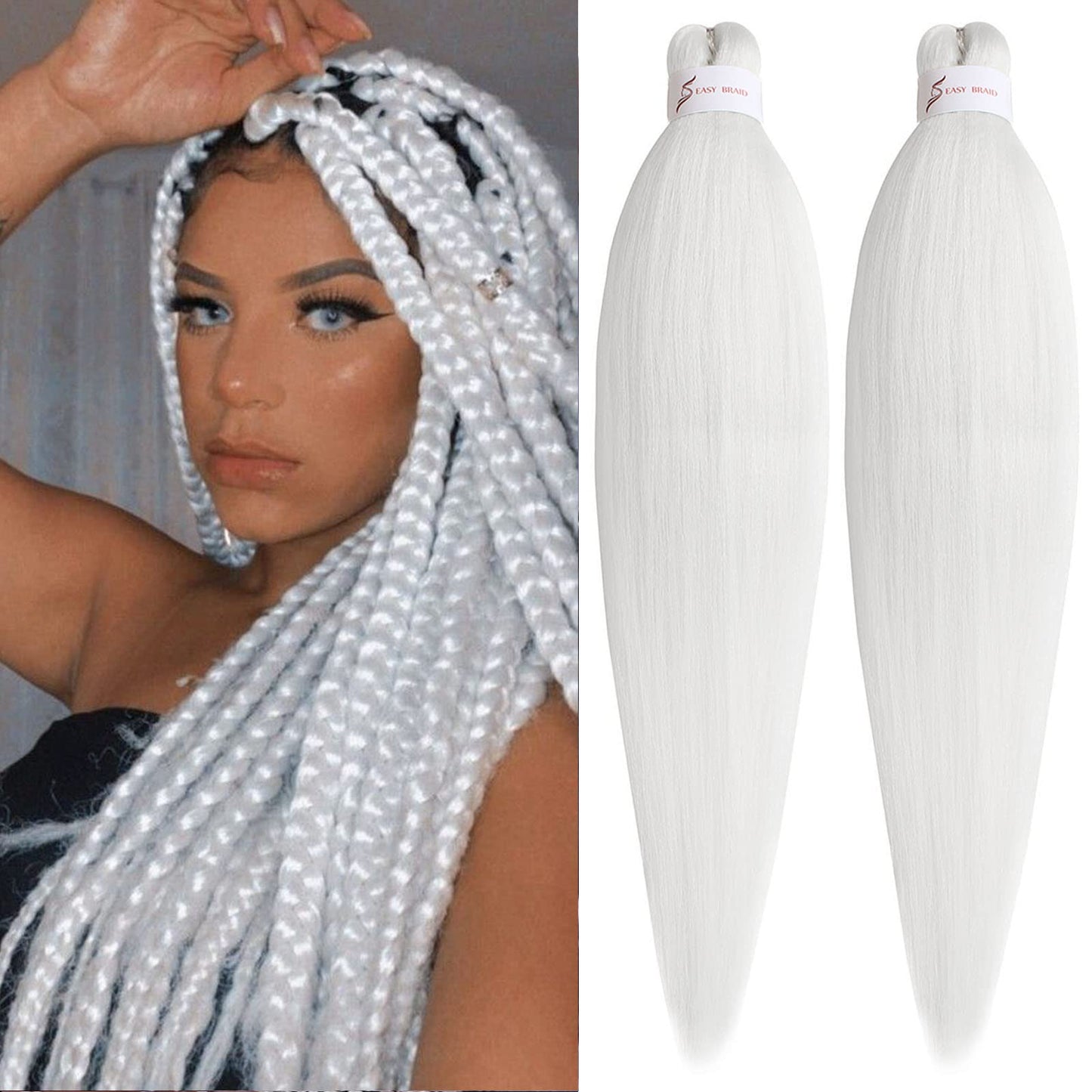 Unionbeauty 26 Inch Pre Stretched Braiding Hair 2 Packs Crochet Hair White Braiding Hair for Box Braids Hot Water Setting Easy Braid Yaki Texture Synthetic Braid Hair Extensions Crochet Braids(white#)