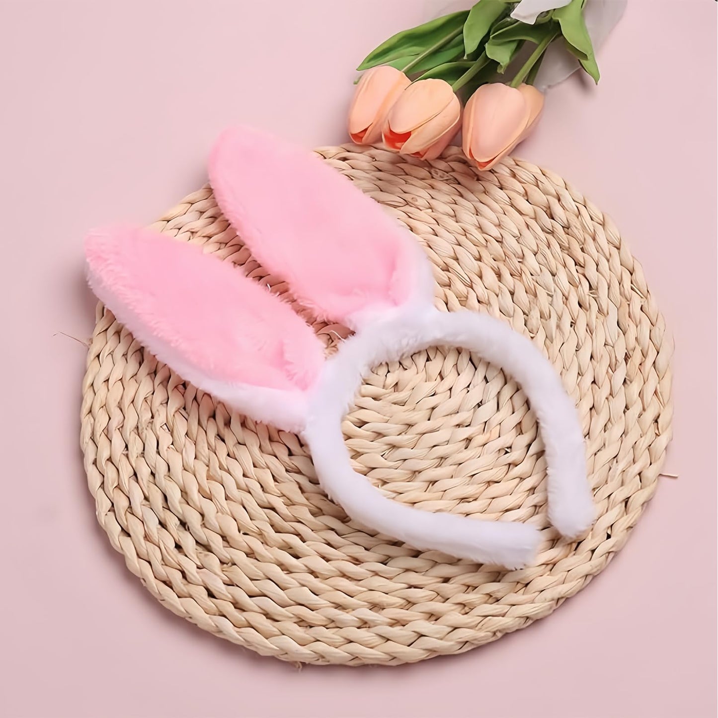 HAIMITI Easter Bunny Ears Headband Pink Plush Rabbit Hair Bands Cute Hair Accessories Photo Props Decoration Supplies Birthday Party Costume Favors for Women Kids