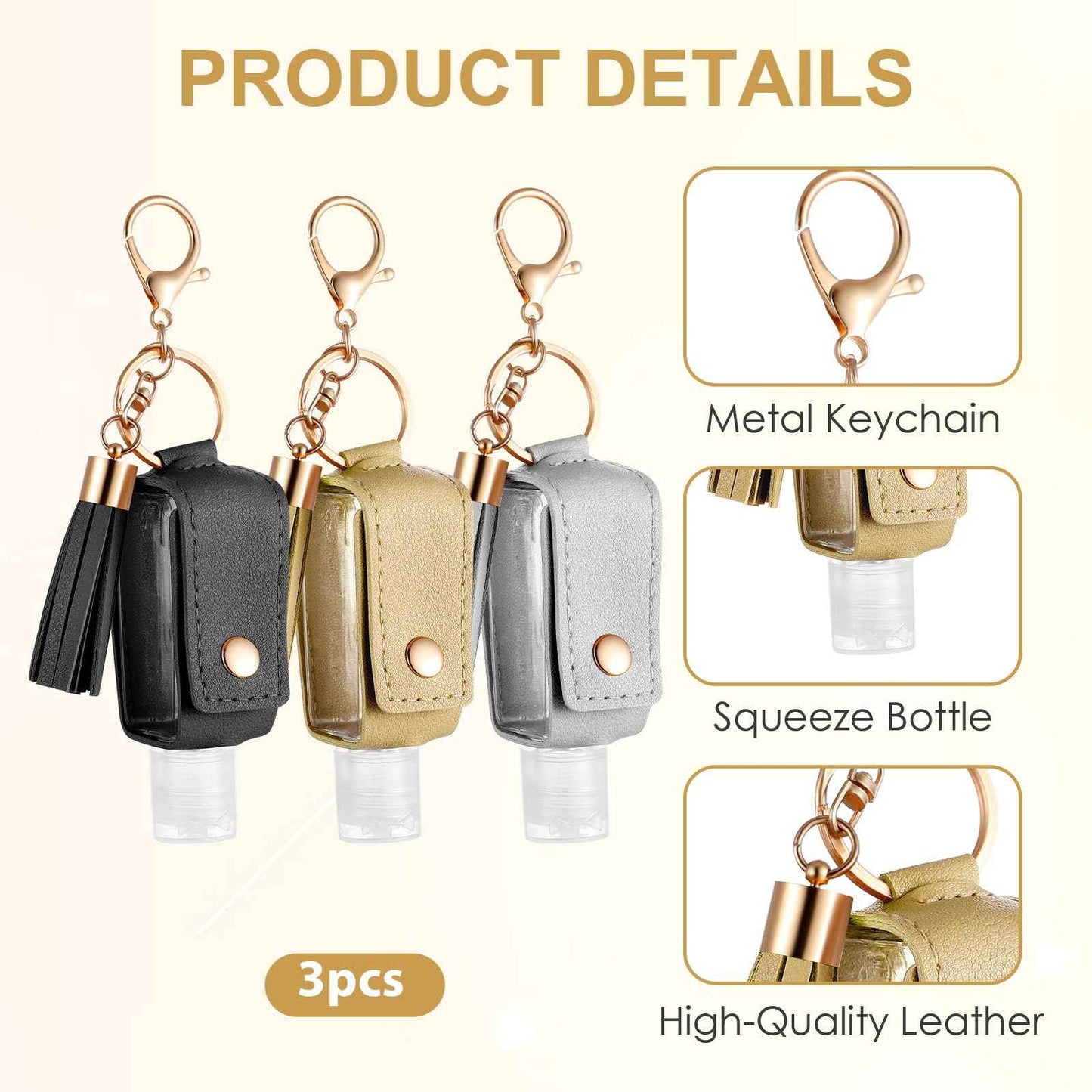 PEOVLVN 3Pcs Hand Sanitizer Keychain - 30ml Portable Leather Holder Travel Size Case With Refillable Bottle for Toiletry Lotion Liquid Soap Shampoo
