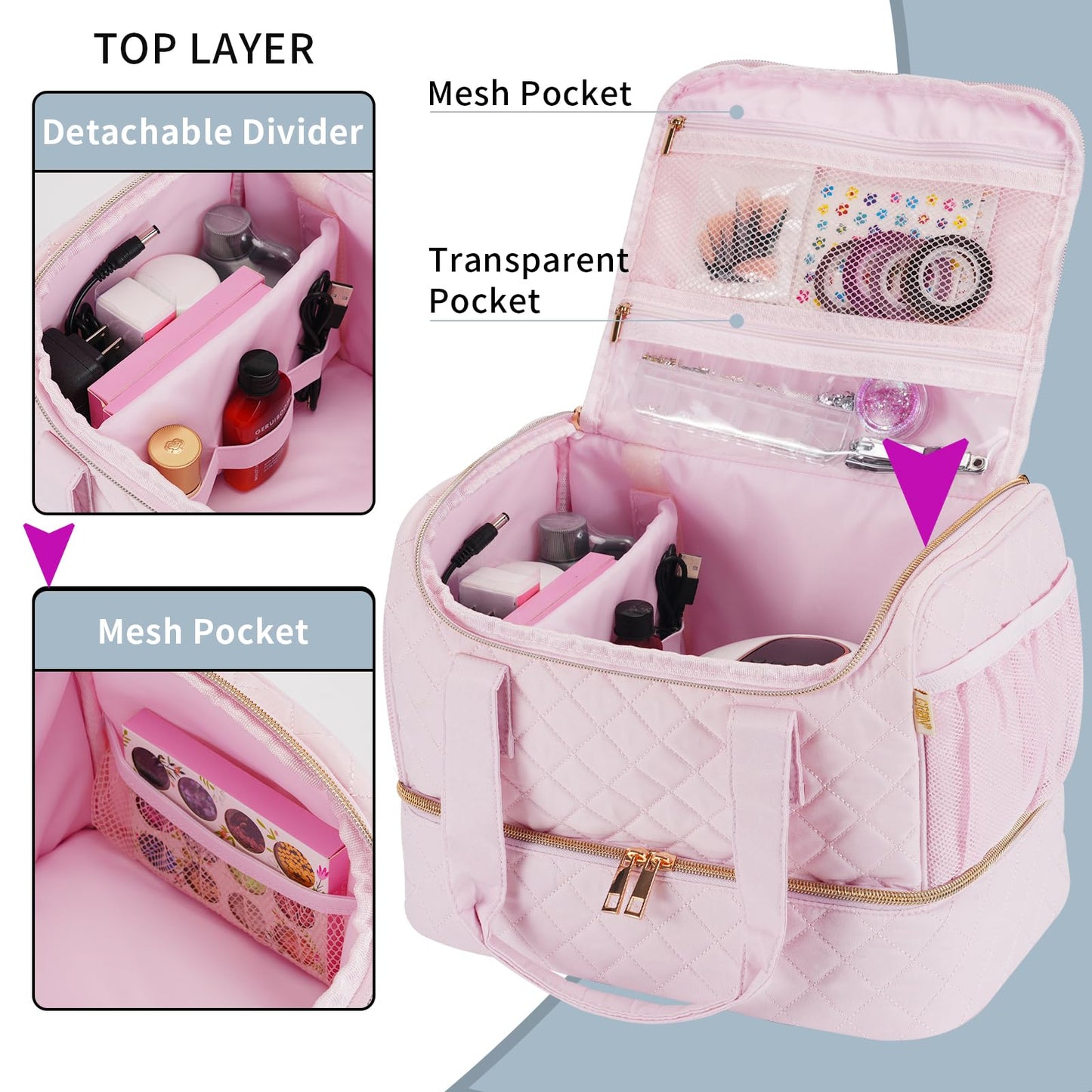 GR69N Nail Polish Organizer Fits a Nail Lamp and 40 Bottles,Stylish Nail Polish Case Organizer with Side Pockets for Gel Nail Polish Remover,Nail Supplies Set (Patented,Bag Only)-Light Pink