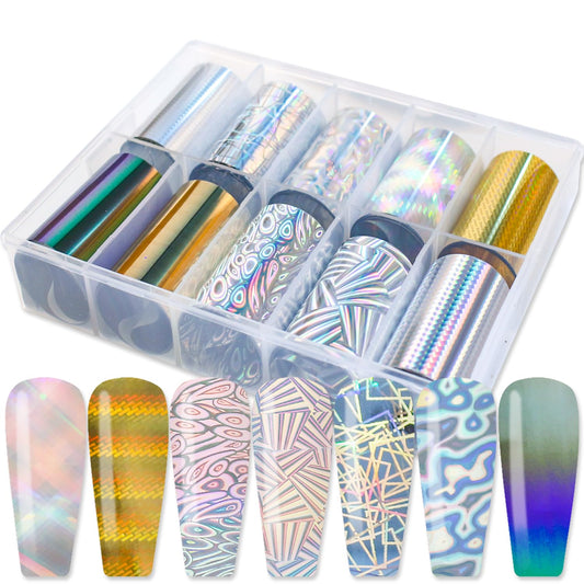 DANNEASY 10 Roll Metallic Nail Foil Transfer Holographic Nail Foils Starry Sky Silver Nail Stickers Sheets Iridescent Nail Art Foil Transfer Nail Design Stickers Nail Decoration for Women Kids