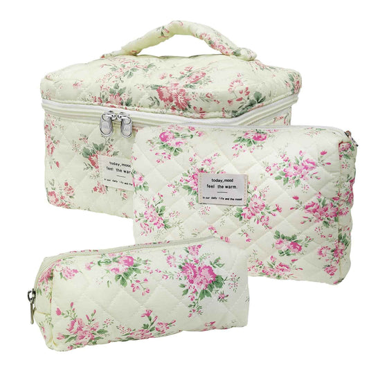 Quilted Makeup Bag, Large Capacity Travel Cosmetic Bag for Women and Girls, Aesthetic Storage, Suitable for Daily and Travel Use (3pcs-PinkRose)