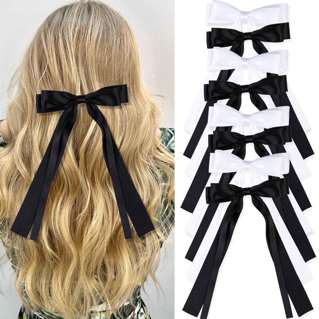 Hair Bows 8 PCS Ribbon Bow for Women,Hair Bows for Women,Hair Ribbons,Oversized Long-tail Cute Aesthetic Hair Accessories,Large Hair Barrettes for Women,Big Bows for Girls,Big Hair Bow（Black White）