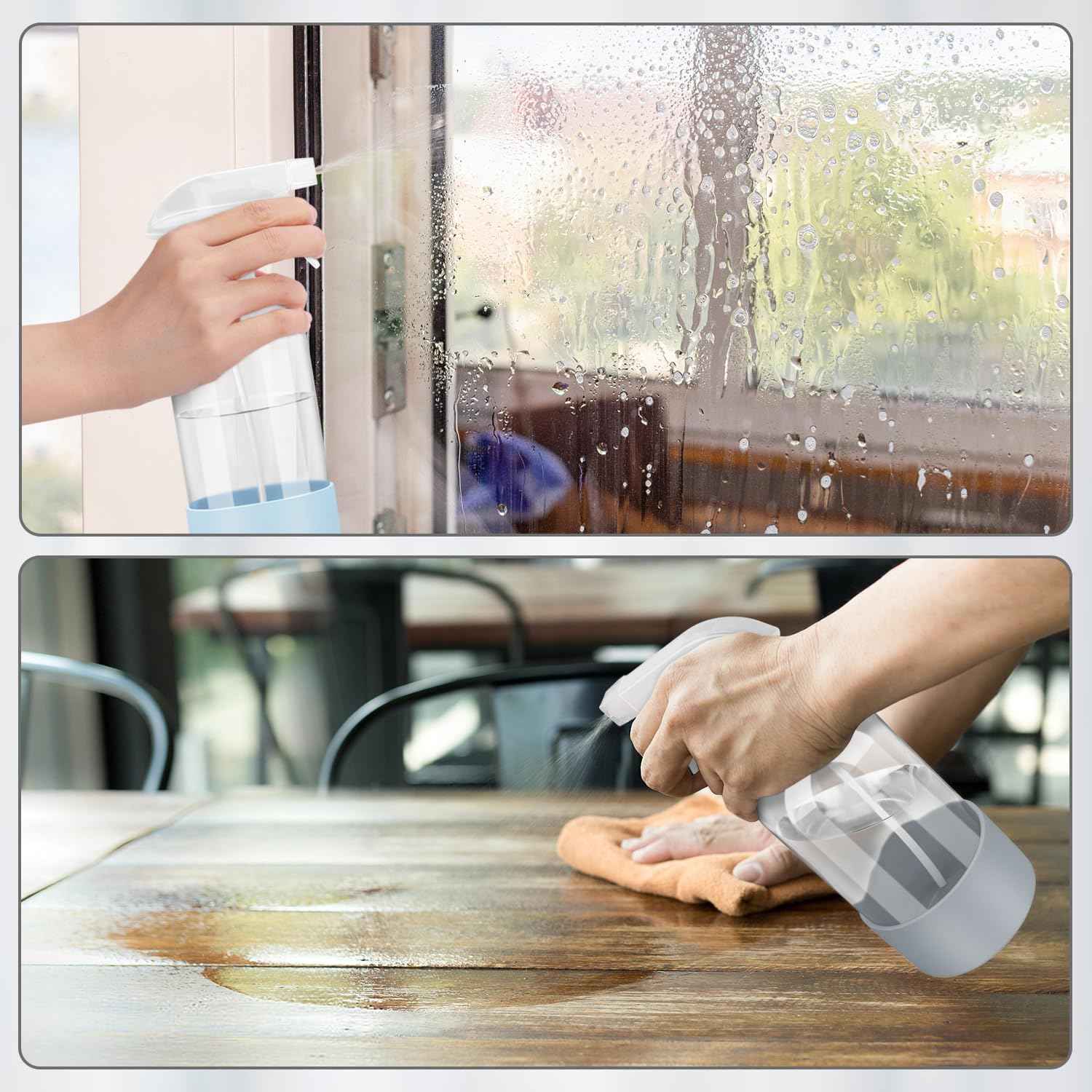 Rionisor Glass Spray Bottles with Silicone Sleeve Protection, Empty 16 oz Refillable Containers, Reusable Spray Bottles with Adjustable Nozzle for Hair, Cleaning Solutions, 3 Pack Grey&Blue&Pink