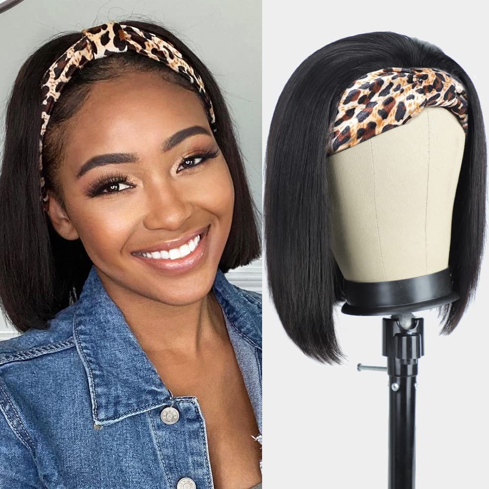 AISI Headband Wigs Human Hair Bob Headband Wigs for Black Women Easy Wear and Go Glueless Wigs Short Straight Wigs Machine Made 150% Density No Lace Headband Wig Natural Color(10 Inch)