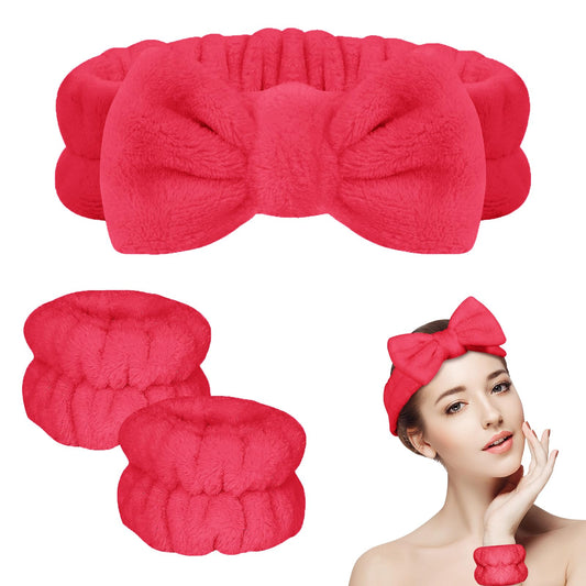 BLAAROOM 3PCS Bow Face Wash Headband and Wristband Set,Soft & Absorbent Spa Headband for Women Makeup Skincare Washing Face - Red