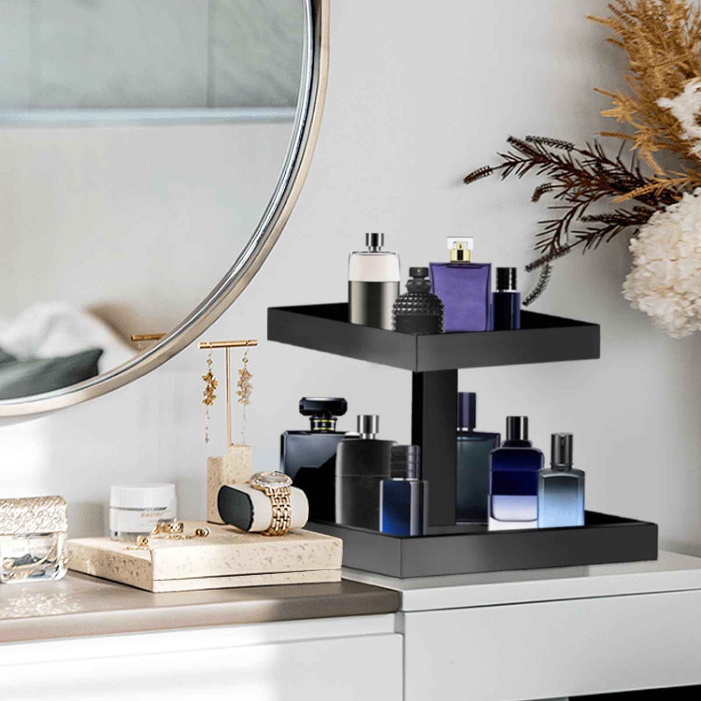 YAGELI Black Perfume Organizer for Men - 2 Tier Acrylic Cologne Rack Organizer for Men, Rectangular Vanity Storage with Sturdy Design, Space Saver for Bathroom & Bedroom