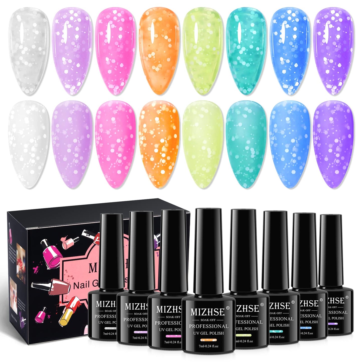 MIZHSE Neon Snowflake Gel Polish Set - 8 Colors Summer Hot Pink Neon Bright Macaron Candy Jelly Nail Polish Gel Popular Soak Off LED Nail Art Manicure DIY for Nail Salon