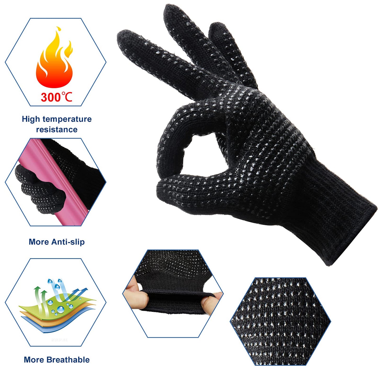 Heat Gloves for Hair Styling,2 Pcs Heat Resistant Gloves with Silicone Bumps,Professional Heat Proof Glove Mitts Heat Blocking for Curling Iron Wand Flat Iron,Hair Styling Tools,Universal Size(Black)