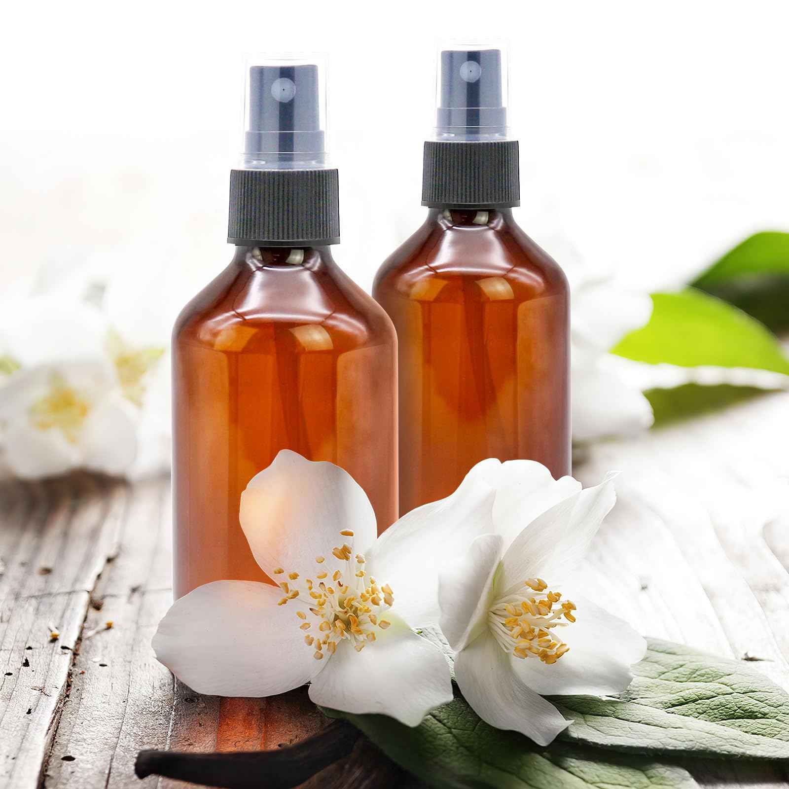 TRENDBOX 6 Pack 3.4oz Amber Spray Bottles, Small Fine Mist Mister Plastic Travel Bottles, Empty Bottles Set for Essential Oils Hair