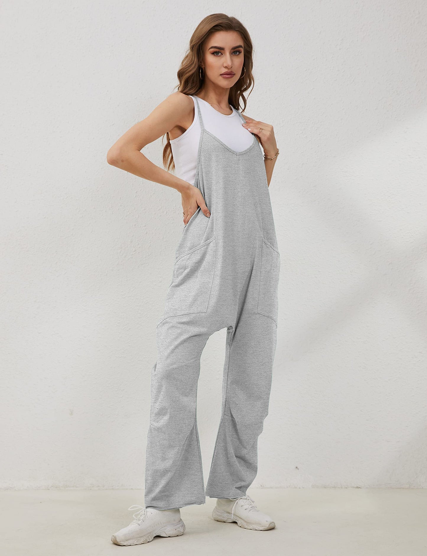 Lentta Women's Causal Jumpsuits V Neck Sleeveless Harem Overalls Stretchy Adjustable Strap Romper with Pockets(LightGrey-S)