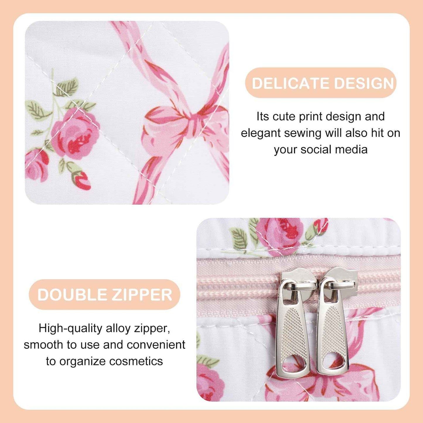 UUYUUY Makeup Bag for Women 3PCS Quilted Cotton Make Up Bag Travel Cosmetic Bag Large Makeup Bag Set Cute Bow Makeups Organizer Floral Toiletry Pouch for Purse, Pink