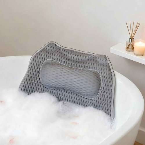Bath Pillow with 48 Strong Suction Cups - 4D Air Mesh Bathtub Pillow for Neck, Head, Shoulder & Back Support - Extra Thick, Quick-Drying Spa Pillow with Built-in Hook(Grey)