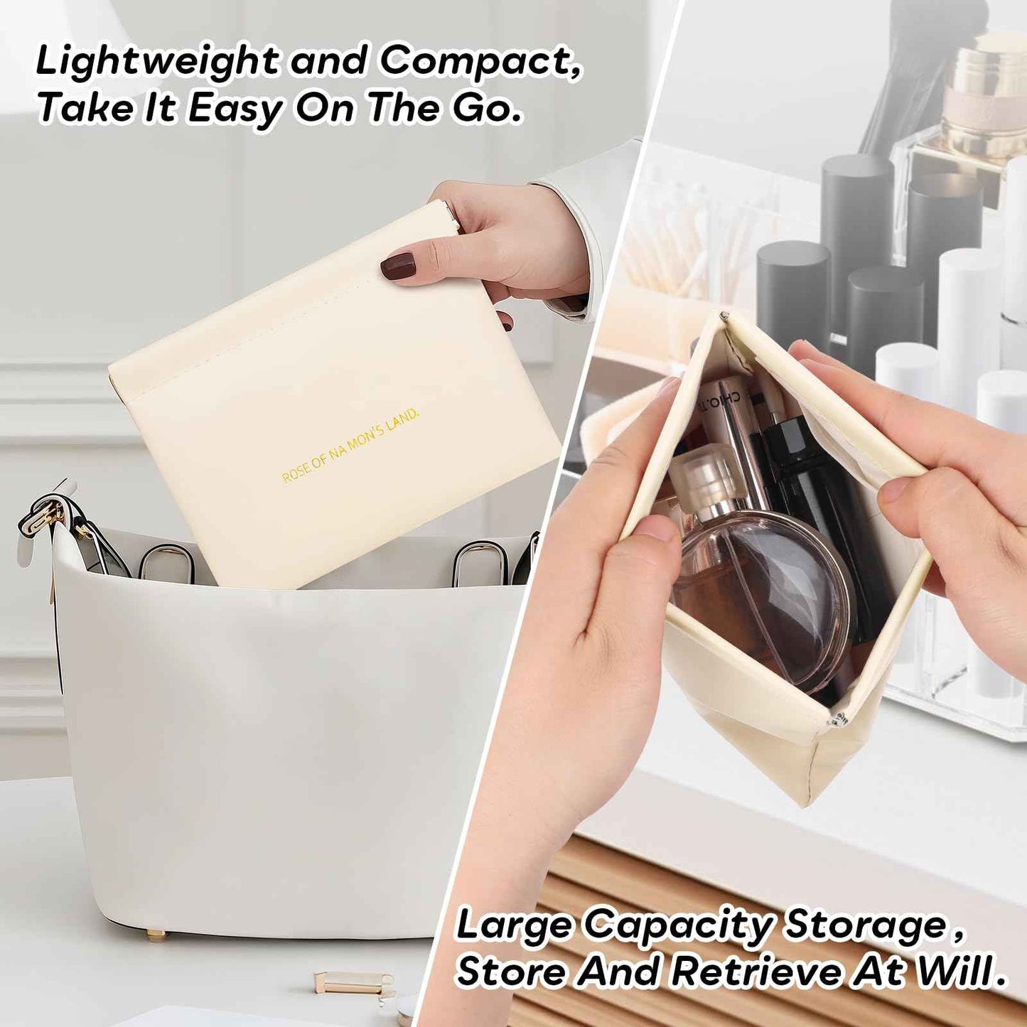 Makeup Bag for Purse:GloréBrochas PU Leather Makeup Pouch Set Large & Small Portable Cosmetic Bags, Waterproof Squeeze Top Coin Purse,Travel Organizer for Makeup,Lipstick, Jewelry,Earbuds(White)