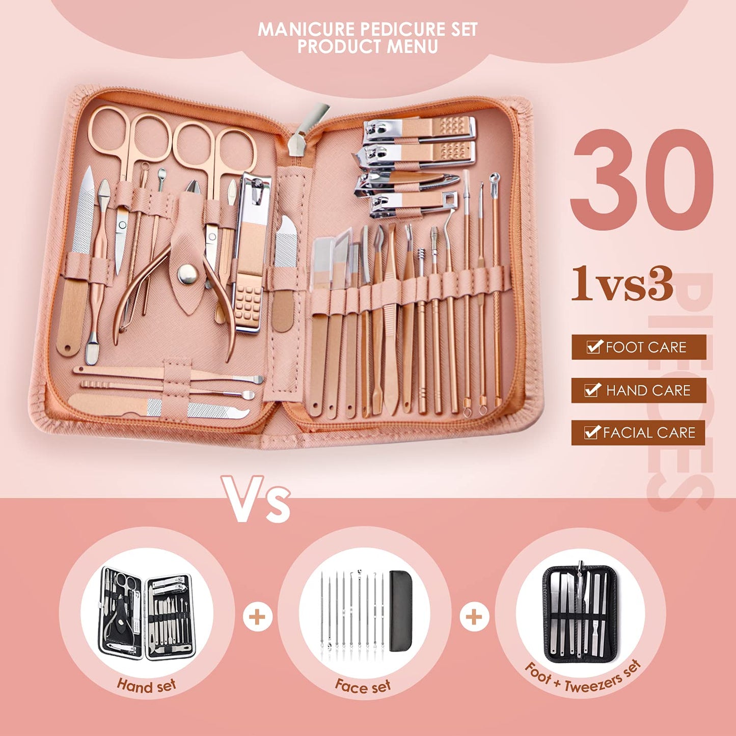 WOAMA Manicure Set Pedicure Kit - 30 in 1 Nail Kit Professional Stainless Steel Nail Care Kit for Women - Pink