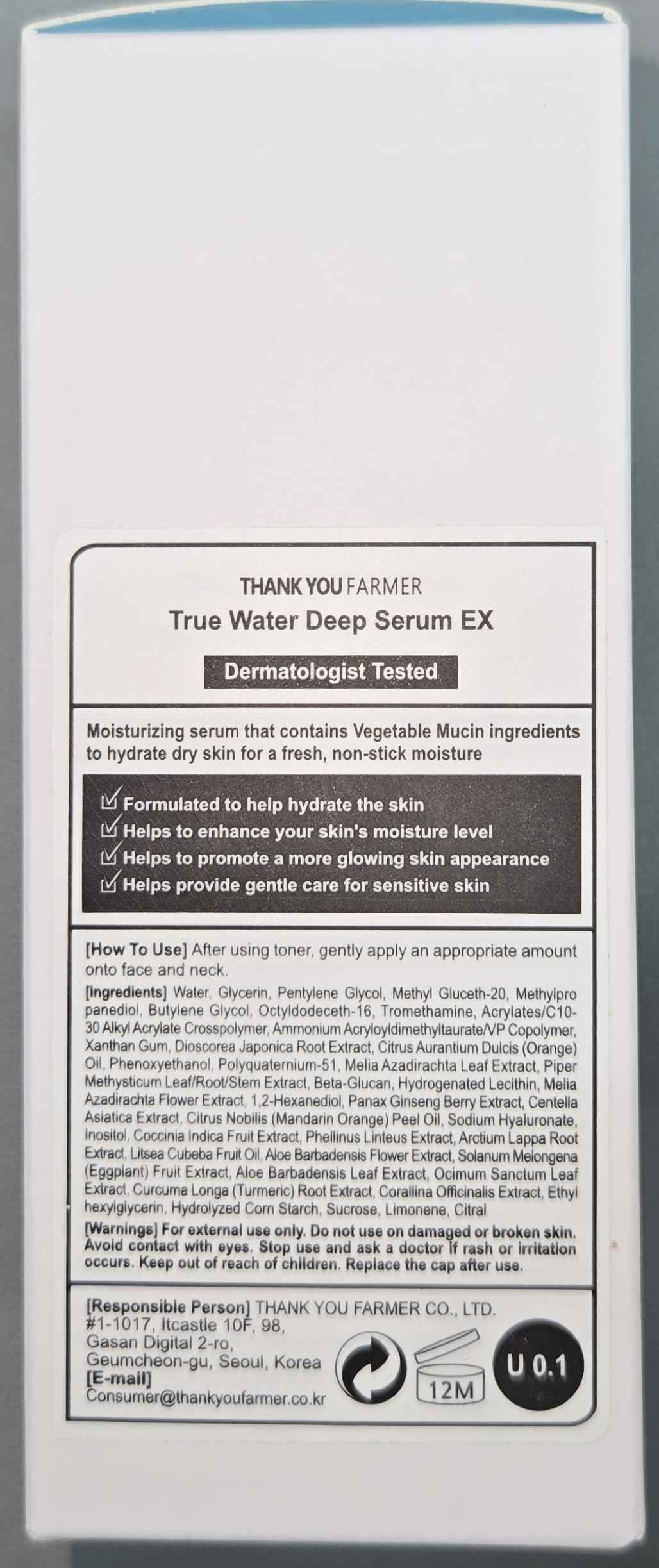 THANKYOU FARMER True Water Deep Serum EX 2.11 Fl Oz (60ml) - Korean Hyaluronic Acid Serum for Face, Phyto Mucin Essence, Hydrating Serum, Korean Serum, Dermatologist-tested