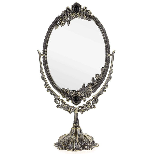 JUXYES Metal Tabletop Antique Decorative Makeup Mirror with Stand, Vintage Swivel Double Sided Cosmetic Mirror with Frame, Retro Desktop Oval Dressing Mirror for Bathroom Bedroom
