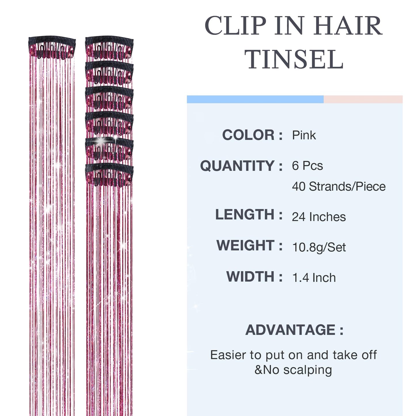 DOORES Hair Tinsel Kit 6 Pcs Tinsel Hair Extensions, 24 Inch Fairy Hair Accessories Dazzle Hair Sparkle Strands Shiny Glitter Hair Extensions Pink Hair Clip ins Hair Tinsel Kit for Girls (Pink)