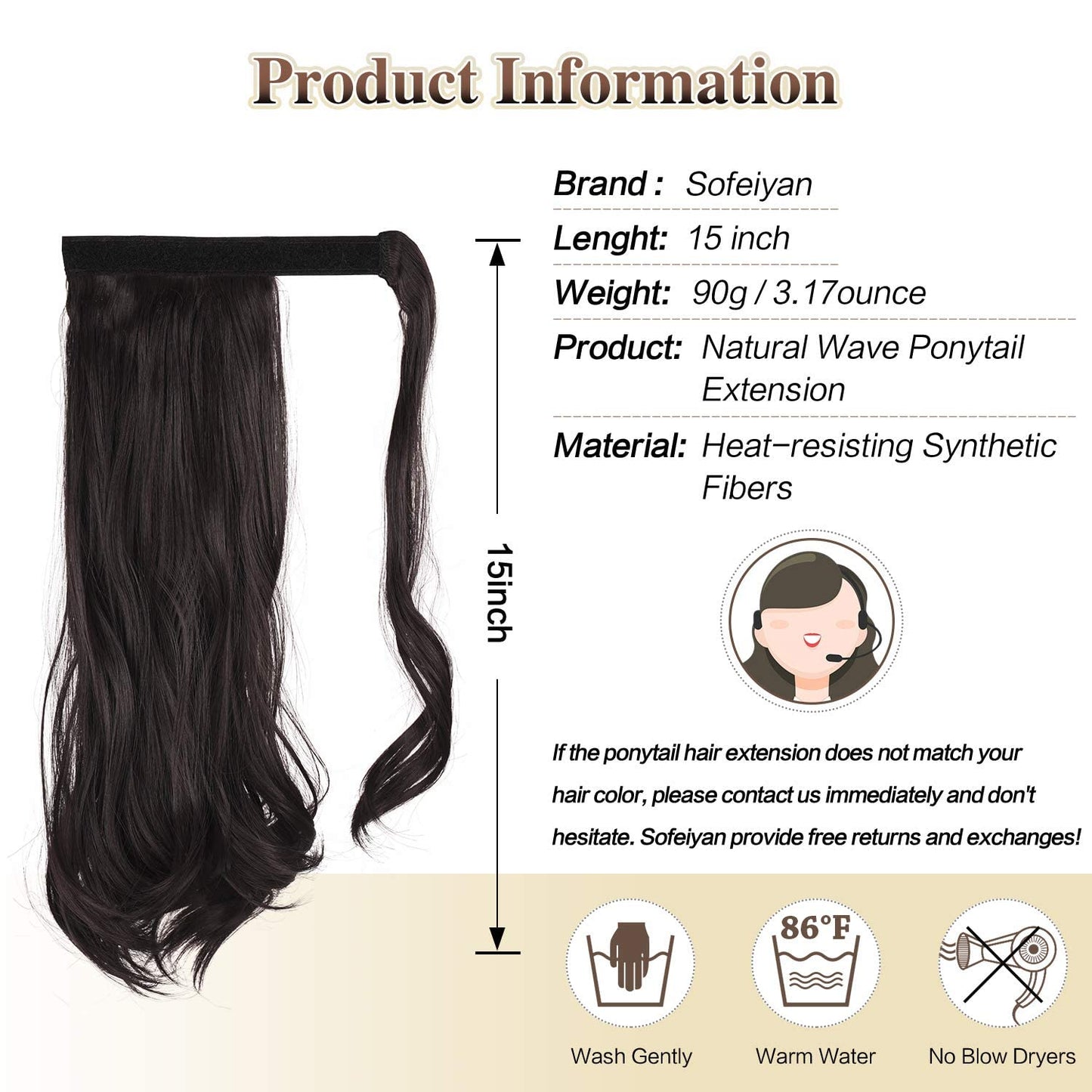 SOFEIYAN Curly Ponytail Extension 15 Inch Heat Resistant Synthetic Natural Wavy Hairpiece Wrap Around Pony Tail Hair Extensions for White Black Women Hair Piece, Dark Brown